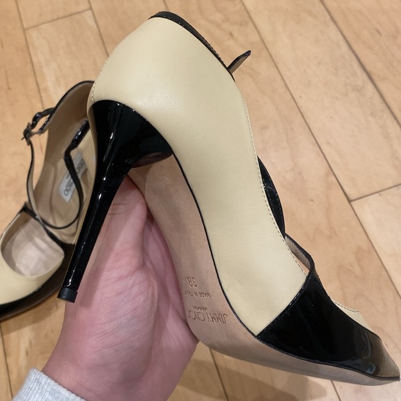 Jimmy Choo Patent Leather 133 Twist Nude Black Buckle Pointed Toe Heels Pumps 38 - Picture 11 of 16